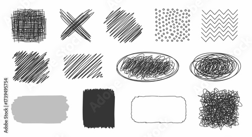 Handdrawn scribble shapes and textures set Collection of black and grey doodle elements hatching crosshatching and messy marker strokes.