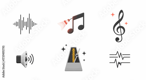 Musical Elements Sound Waves Notes Treble Clef Speaker Metronome and Oscilloscope.
