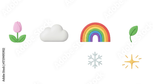 Set of six cute 3D claymation icons representing nature weather and seasons including a tulip cloud rainbow leaf snowflake and star.