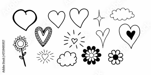 Collection of hand drawn hearts clouds flowers and star in black and white doodle style illustration