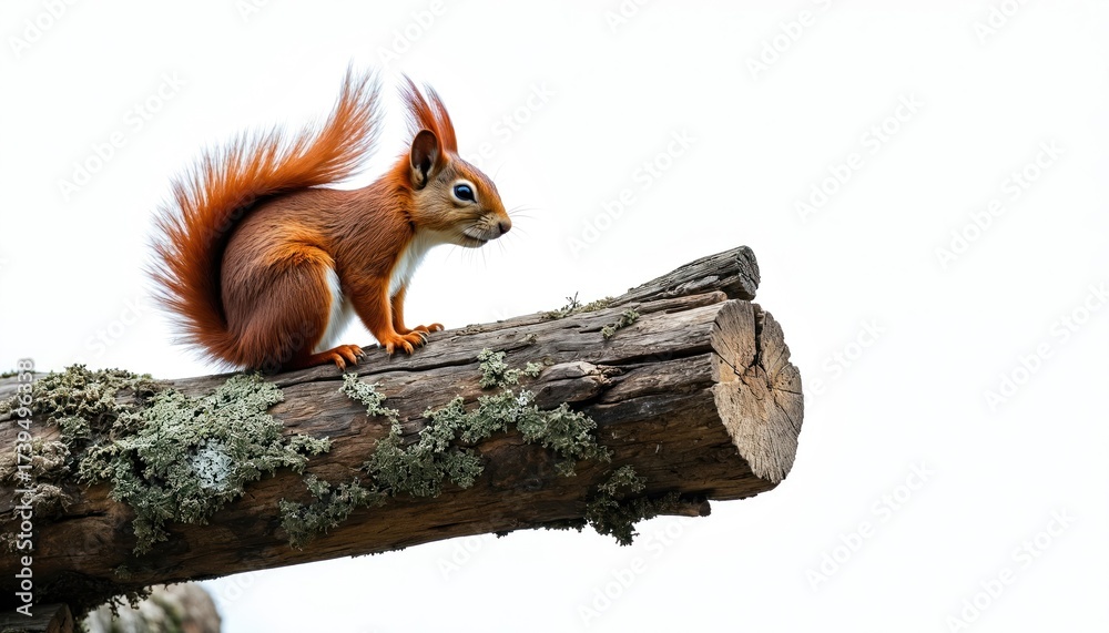 Fototapeta premium Red squirrel sits on old log with moss. Furry rodent looks alert, isolated on white background. Wildlife mammal in nature forest environment. Small animal in natural habitat.