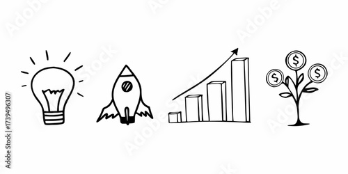 Illustration of a lightbulb, rocket, growth chart, and money tree in black and white doodle style