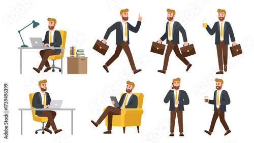 Businessman Daily Activities Set: Work, Travel, And Communication