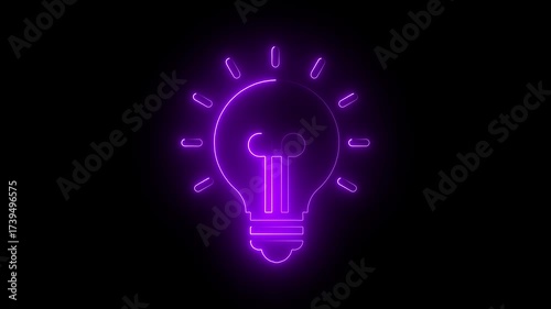 Battery fully charging a light bulb neon glowing light effect icon animation on black background .4K HD video motion