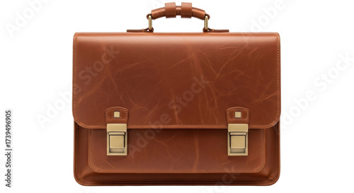 Isolated brown leather satchel with brass hardware for professionals and students alike