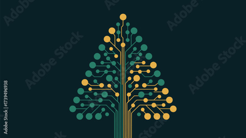 Illustration of a circuit board tree with green and yellow nodes on a dark teal background