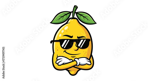 Cool and confident lemon character with sunglasses and crossed arms expressing attitude it's great