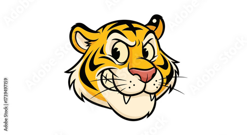Cartoon Illustration of an Angry Tiger Head with a Snarling Expression on White