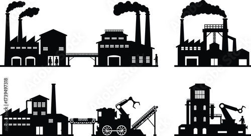 Industrial building silhouette vector set, factory illustration with smokestacks, robotic automation, conveyor belts, heavy industry machinery, workers, modern manufacturing plant design