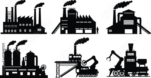 Industrial factory silhouette vector set, manufacturing plant illustration with smokestacks, conveyor systems, robotic automation