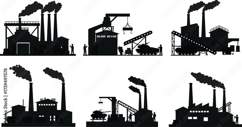 Obraz premium Industrial factory silhouette vector set, manufacturing plant illustration, heavy industry buildings with smokestacks