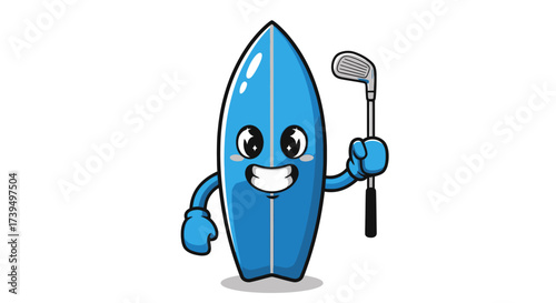 Cartoon surfboard character holding a golf club isolated on a white background
