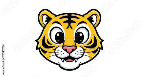Playful tiger cartoon face featuring adorable big eyes and vibrant yellow and black stripes