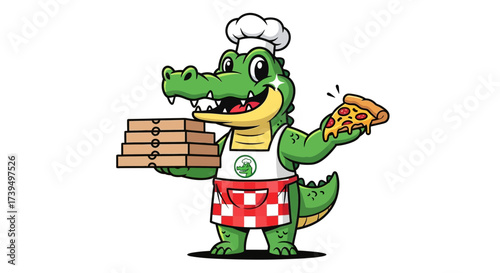 Cartoon Alligator Chef Serving Pizza with a Smile, holding pizza boxes and a slice, inviting