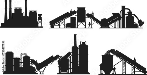 Industrial facility silhouette vector illustration, manufacturing plant icons with workers, conveyor belts, silos