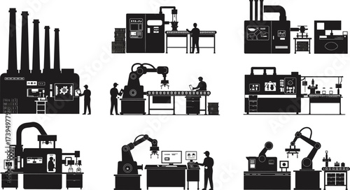 Industrial factory and automation vector illustration, robotic arms, workers, conveyor belts, laboratories, control rooms, machinery setups, scalable black design for modern stock content