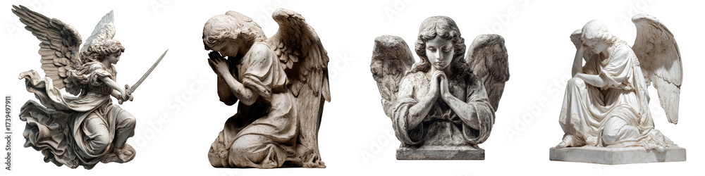 Fototapeta premium Four angel sculptures representing strength devotion prayer and serenity on transparent background