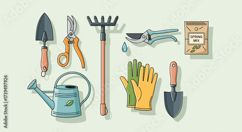 Gardening tools arranged on a light green background showcasing a trowel pruning shears rake watering can gloves and seed packet for spring planting and outdoor activities