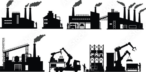 Industrial factory vector set, smokestacks with chimneys, cranes, trucks, robotic arms, conveyor belts, human workers, modern automation and production illustration collection