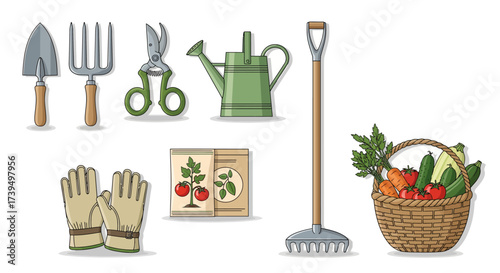 Gardening tools and fresh vegetables in a basket create an inviting scene of a bountiful harvest and the joys of homegrown produce perfect for illustrating gardening projects and healthy eating habits