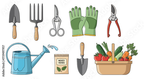 Gardening tools and fresh vegetables arranged in a charming composition depicting the joys of homegrown produce and the equipment needed for a successful and bountiful harvest