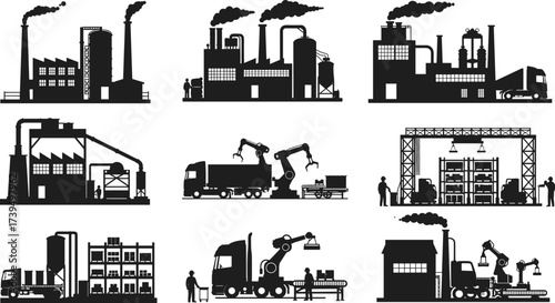 Industrial manufacturing vector set, smokestack factories, storage tanks, trucks, cranes, conveyor belts, robotic arms, warehouse logistics, modern automation illustration collection