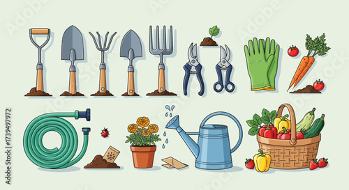 Collection of gardening tools and vegetables arranged on a light background showcasing essential equipment for planting and harvesting in a home garden during the spring season