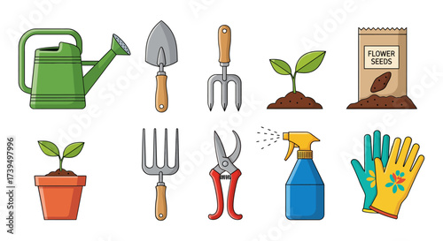 Gardening tools and seedlings arranged neatly on a black background showcasing essential equipment for planting and growing flowers and vegetables in a home garden or small farm setting
