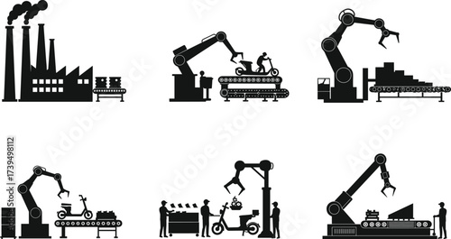 Automation factory process vector set, robotic arms with conveyor belts, motorcycle assembly, packaging, delivery interaction, industrial manufacturing technology illustration collection