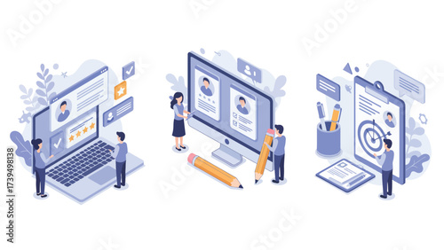 Human Resources Management and Business Strategy Isometric Vector Illustration Set