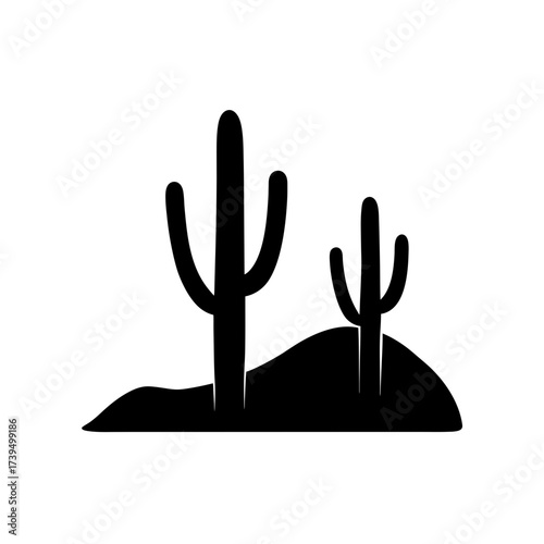 Silhouette of two cacti in the desert land on transparent background