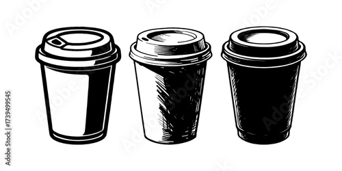 Three disposable coffee cups with lids in hand-drawn sketch style on white background, illustrating takeaway beverage or coffee shop concept