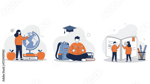 Education And Learning Flat Design Illustration Set With Students, Books, And Academic Elements For Global Knowledge, Self-Study, And Collaborative Learning