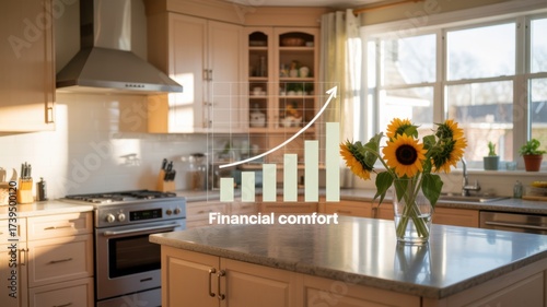 Bright kitchen with sunflowers and a financial growth graphic overlay.