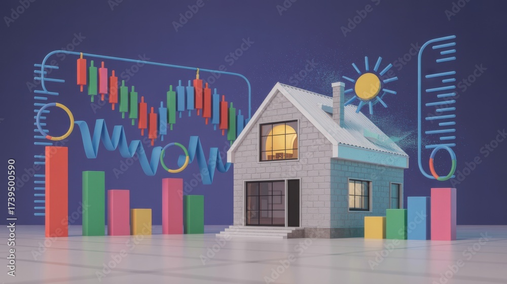 Obraz premium 3D house model with financial graphs and bars in the background.
