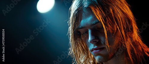 Wallpaper Mural Male musician on stage under dramatic lighting. Emotional performance moment ideal for live music, concerts, or artistic themes. Torontodigital.ca