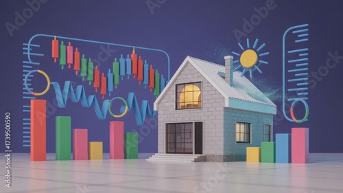 3D house model with financial graphs and bars in the background.