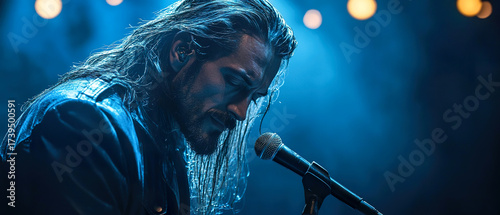Wallpaper Mural  Close-up profile portrait of rugged rock singer holding microphone on blue stage. Intense mood ideal for music promotions, posters, and album covers. Torontodigital.ca