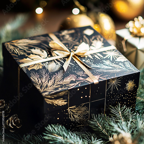 Wallpaper Mural Elegant gift box with golden ribbon and festive ornament. Warm and refined Christmas composition, for seasonal promotions and premium branding. Torontodigital.ca