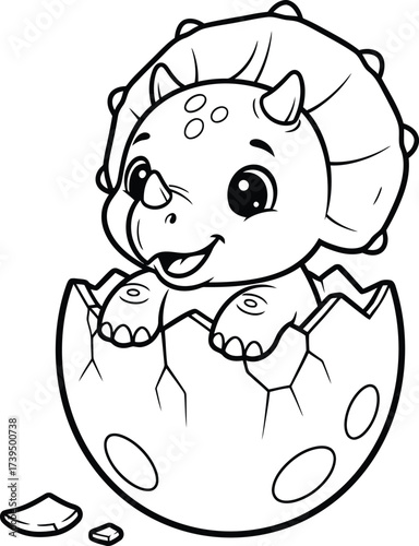Triceratops Hatching: A charming black-and-white illustration of a newly hatched Triceratops dinosaur breaking free from its egg, showcasing a delightful and playful birth of prehistorical life.