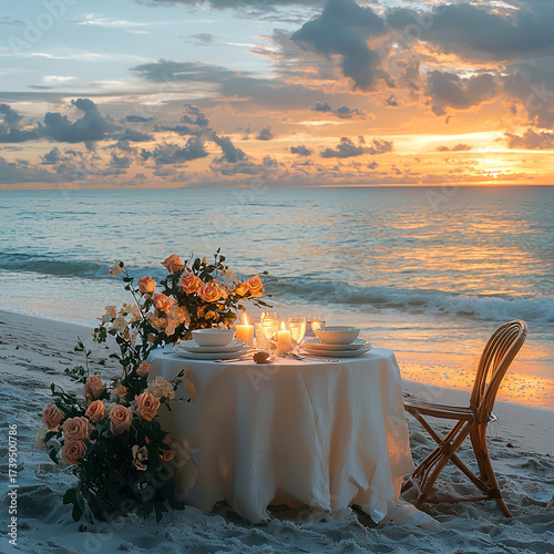 Wallpaper Mural A table setting for romantic dinner on a beach with waves in the background, featuring candles, flowers, plates, and glasses. The scene is set during sunset with a colorful sky. Wedding ads, honeynoon Torontodigital.ca