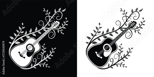 Acoustic guitar entwined with flourishing vines and leaves, representing natural harmony and the organic beauty of music, available in contrasting black and white
