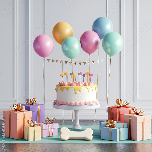 Wallpaper Mural Festive cake with bone and balloons on decorated table. Pet-friendly concept for dog birthday celebrations or animal cafe promotions. Torontodigital.ca