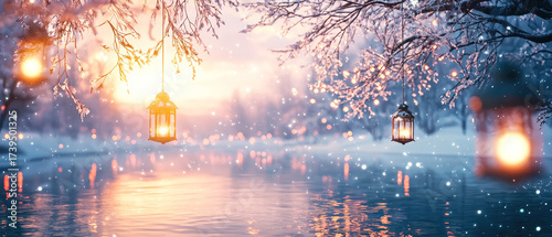 Wallpaper Mural Snowy serene park with lake view, street lanterns and bokeh light reflections on water. Magical winter scenery for festive backgrounds, greeting cards and design. Torontodigital.ca