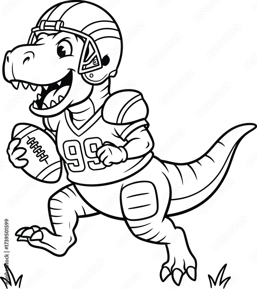 Obraz premium Dinosaur Football Champion: An illustration depicting a jovial dinosaur athlete, fully geared in football attire, confidently running with the ball, embodying the spirit of competitive sportsmanship.
