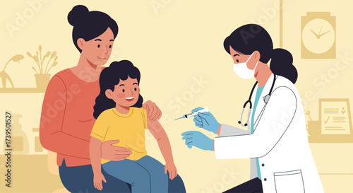 Illustration of a female doctor giving a vaccination to a smiling child sitting on her mother’s lap in a medical clinic. Pediatric healthcare and immunization concept.