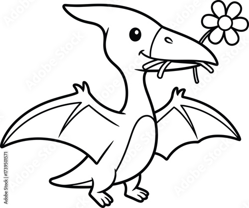 Adorable Pterodactyl with Flower: A charming cartoon illustration depicts a smiling pterodactyl holding a delicate daisy, showcasing its cute and friendly demeanor.