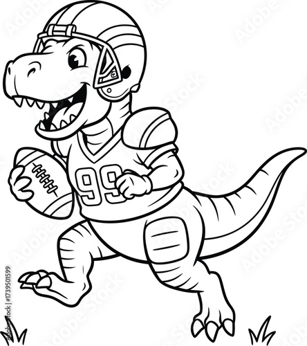 Dinosaur Football Champion: An illustration depicting a jovial dinosaur athlete, fully geared in football attire, confidently running with the ball, embodying the spirit of competitive sportsmanship.