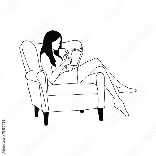 Minimalist line drawing of a woman relaxing in an armchair reading a book and holding a cup of coffee