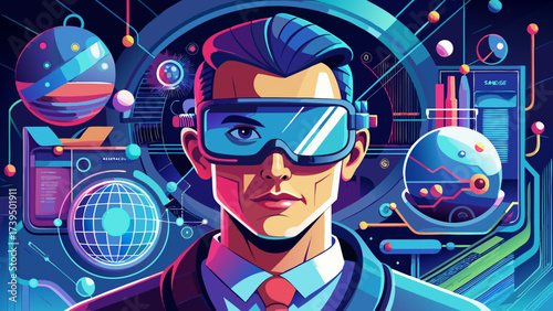 Close-up portrait of a man with VR headset focused on 3D hologram, STEM learning, robotics research, AI-driven digital classroom, future innovation and modern education technology.
